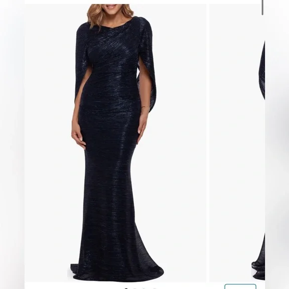 Betsy & Adam Cape Sleeve Metallic Crinkle Gown
W24 - Picture 1 of 8